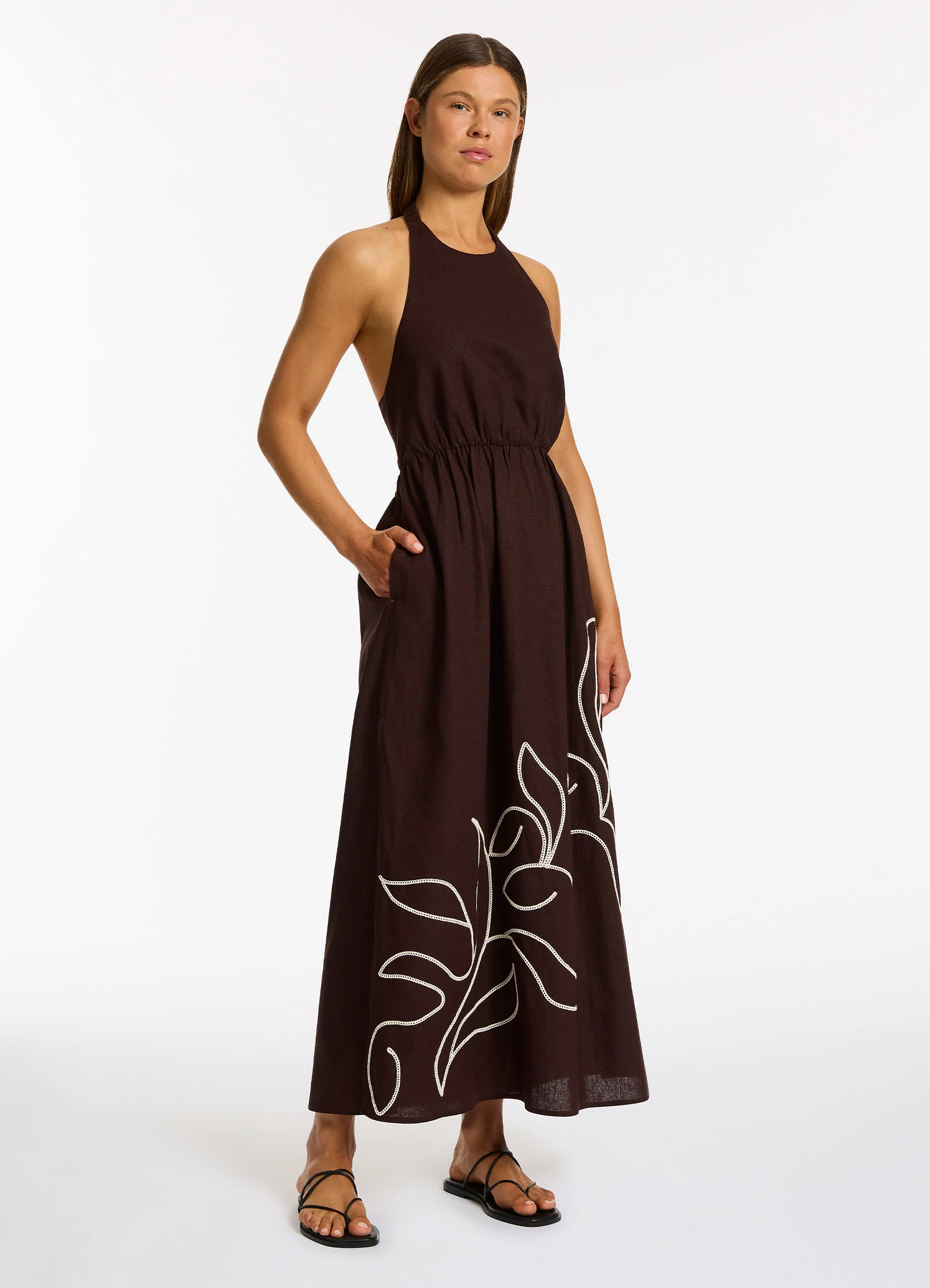 Dahlia Palm Embroidered Maxi Dress - Chocolate - Image 3