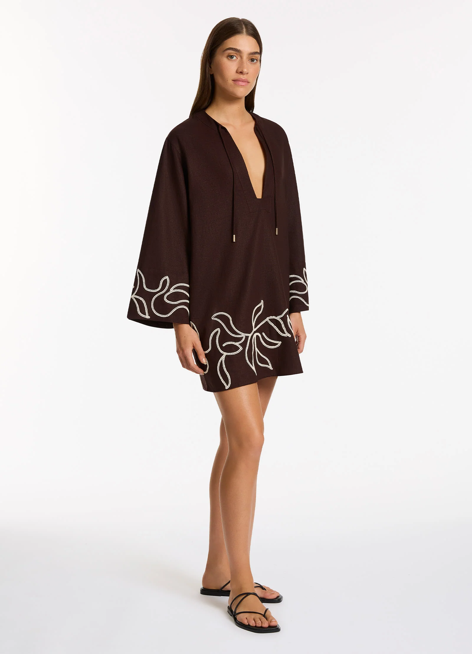 Dahlia Palm Embroidered Mini Kaftan - Chocolate - Image 3
