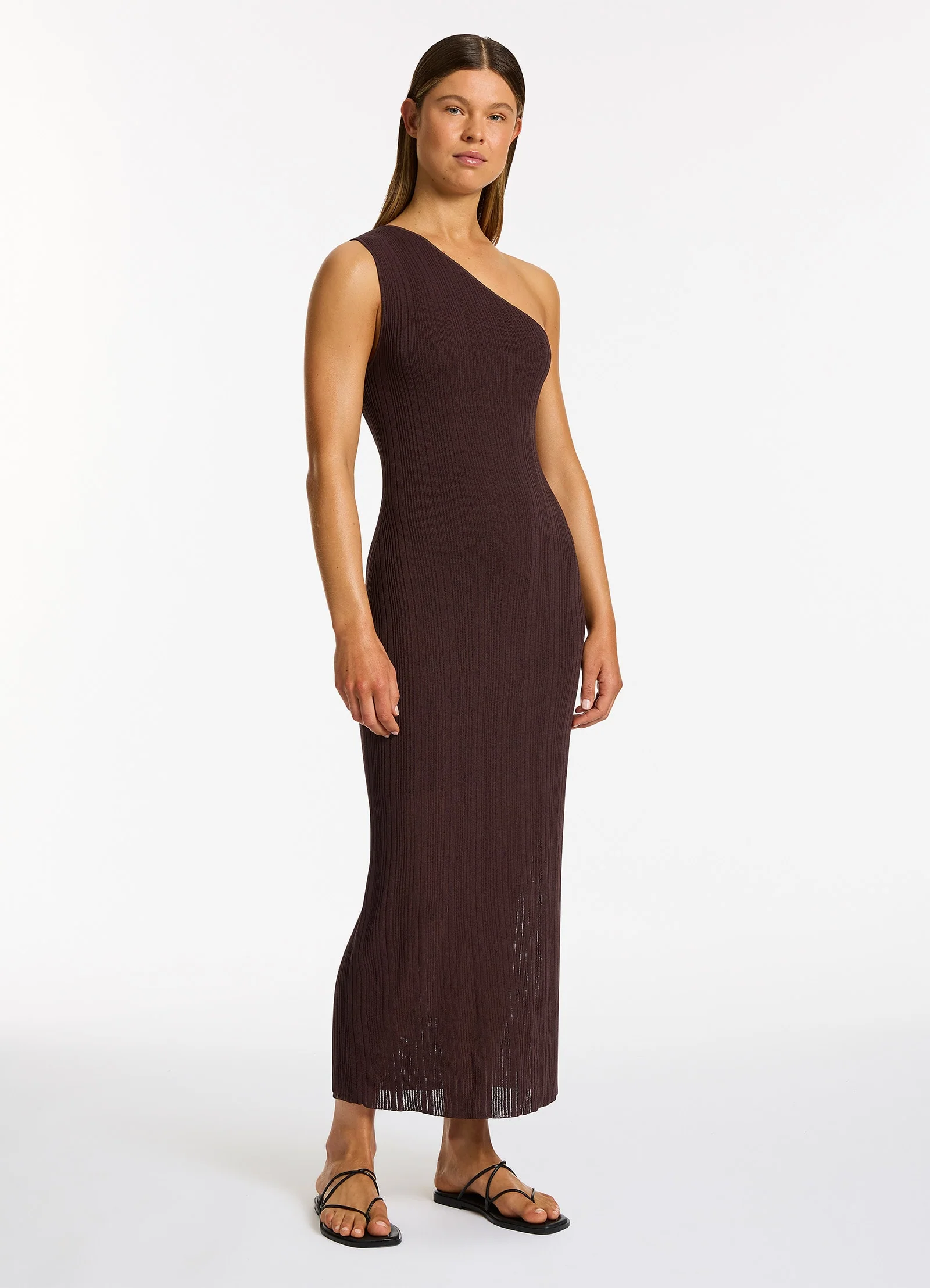 Jetset Knit One Shoulder Dress - Chocolate - Image 3