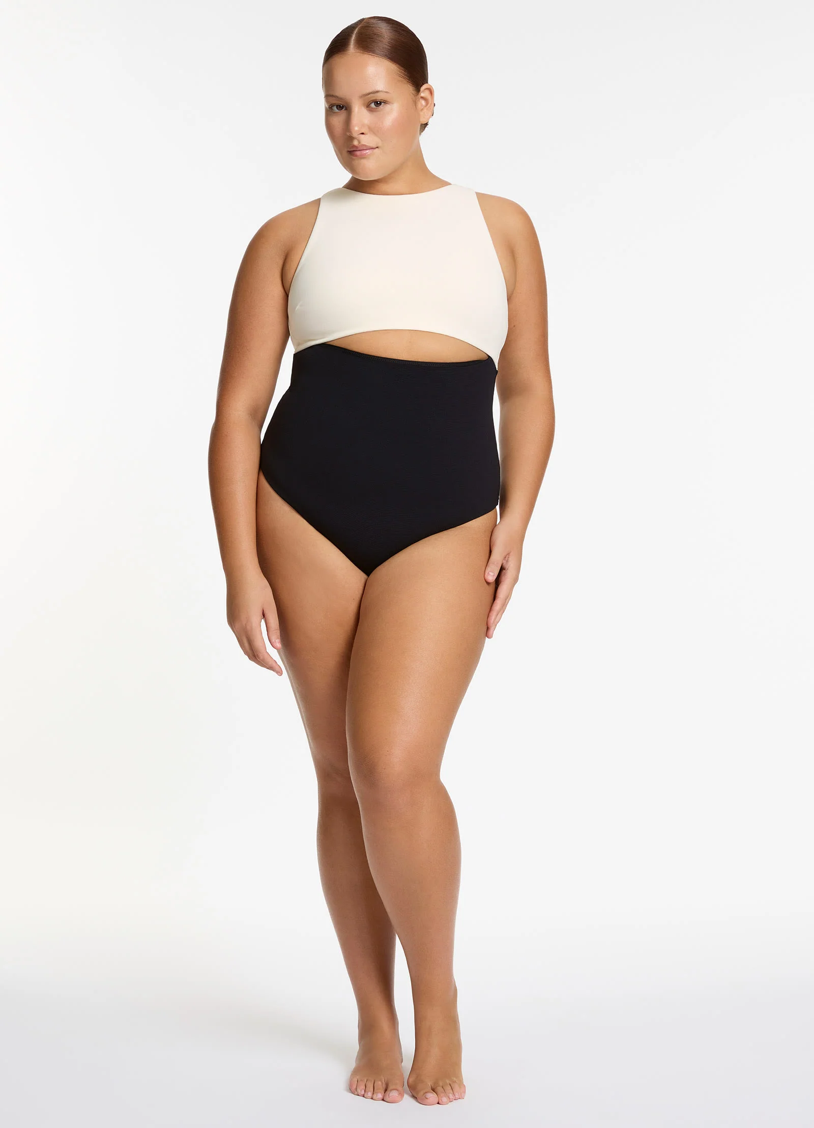 Versa Rib Cut Out High Neck One Piece - Black/Cream - Image 9