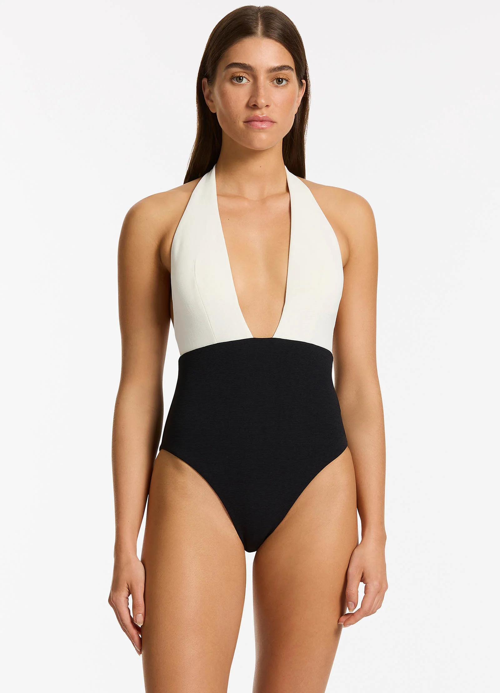 Versa Rib Plunge One Piece - Black/Cream - Image 4